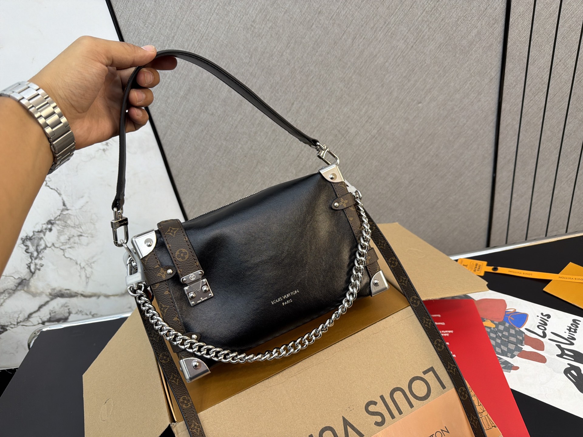 Louis Vuitton Monogram Canvas & Black Leather Chain Shoulder Bag (Unisex Edition)
