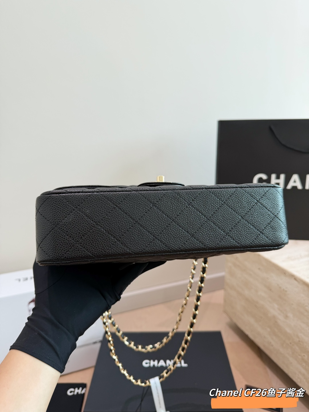 Chanel Classic Flap Bag (CF) in Upgraded Black Caviar Leather with Gold Hardware