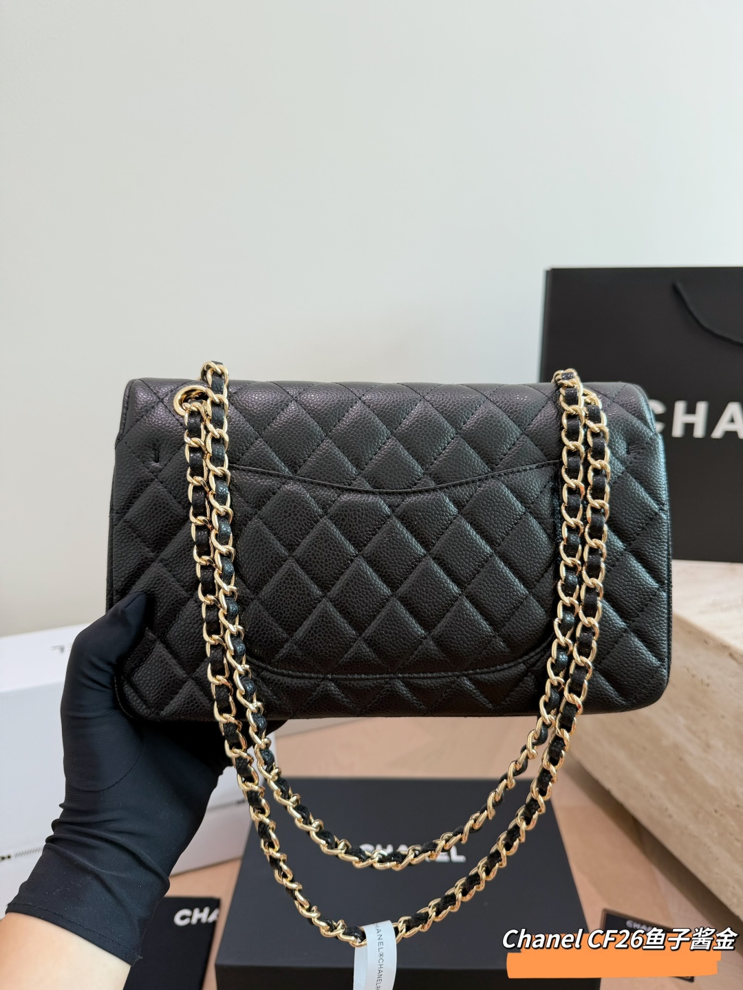 Chanel Classic Flap Bag (CF) in Upgraded Black Caviar Leather with Gold Hardware