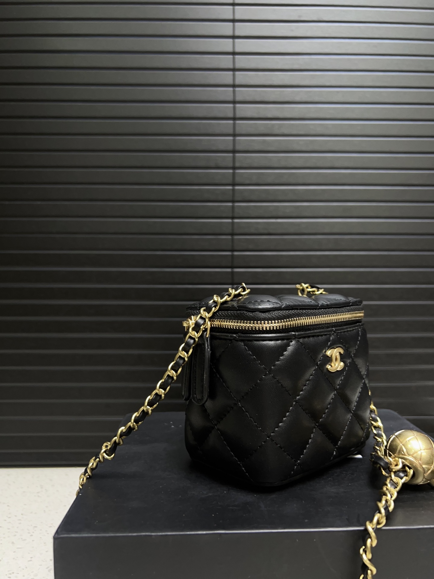 Chanel Quilted Lambskin Round Vanity Case with Gold Chain & Ball Charm (11.8cm) - Lipstick Bag