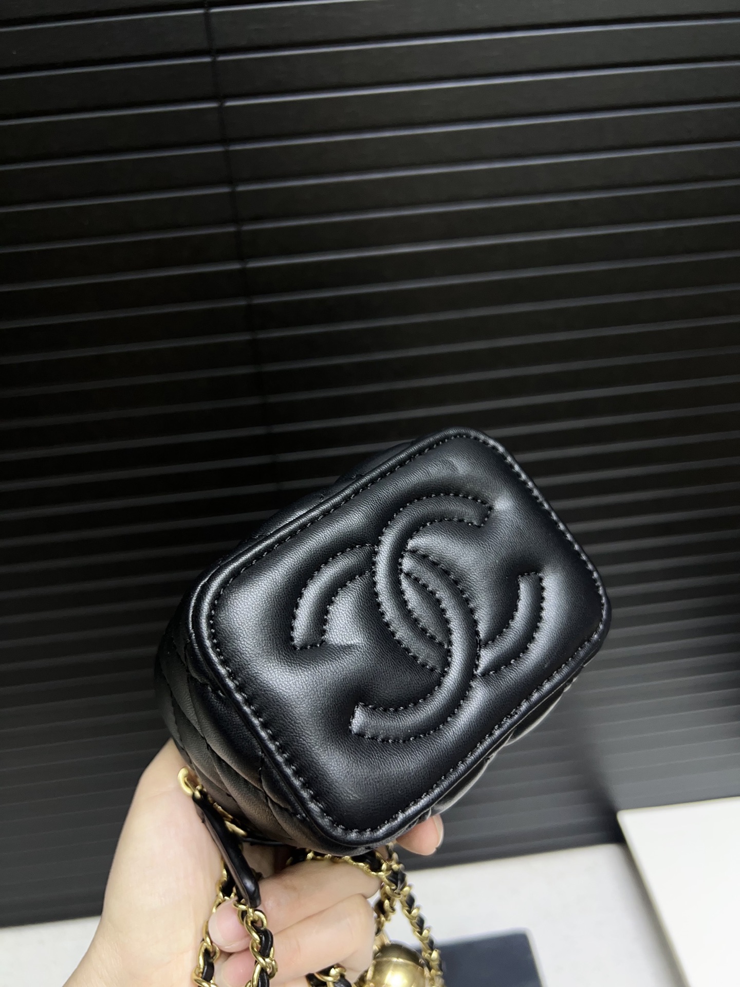 Chanel Quilted Lambskin Round Vanity Case with Gold Chain & Ball Charm (11.8cm) - Lipstick Bag