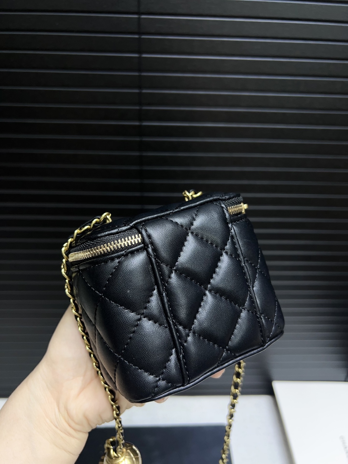 Chanel Quilted Lambskin Round Vanity Case with Gold Chain & Ball Charm (11.8cm) - Lipstick Bag