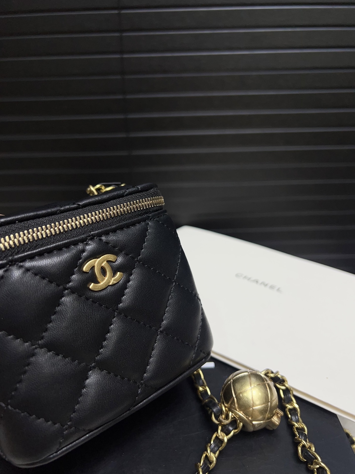Chanel Quilted Lambskin Round Vanity Case with Gold Chain & Ball Charm (11.8cm) - Lipstick Bag
