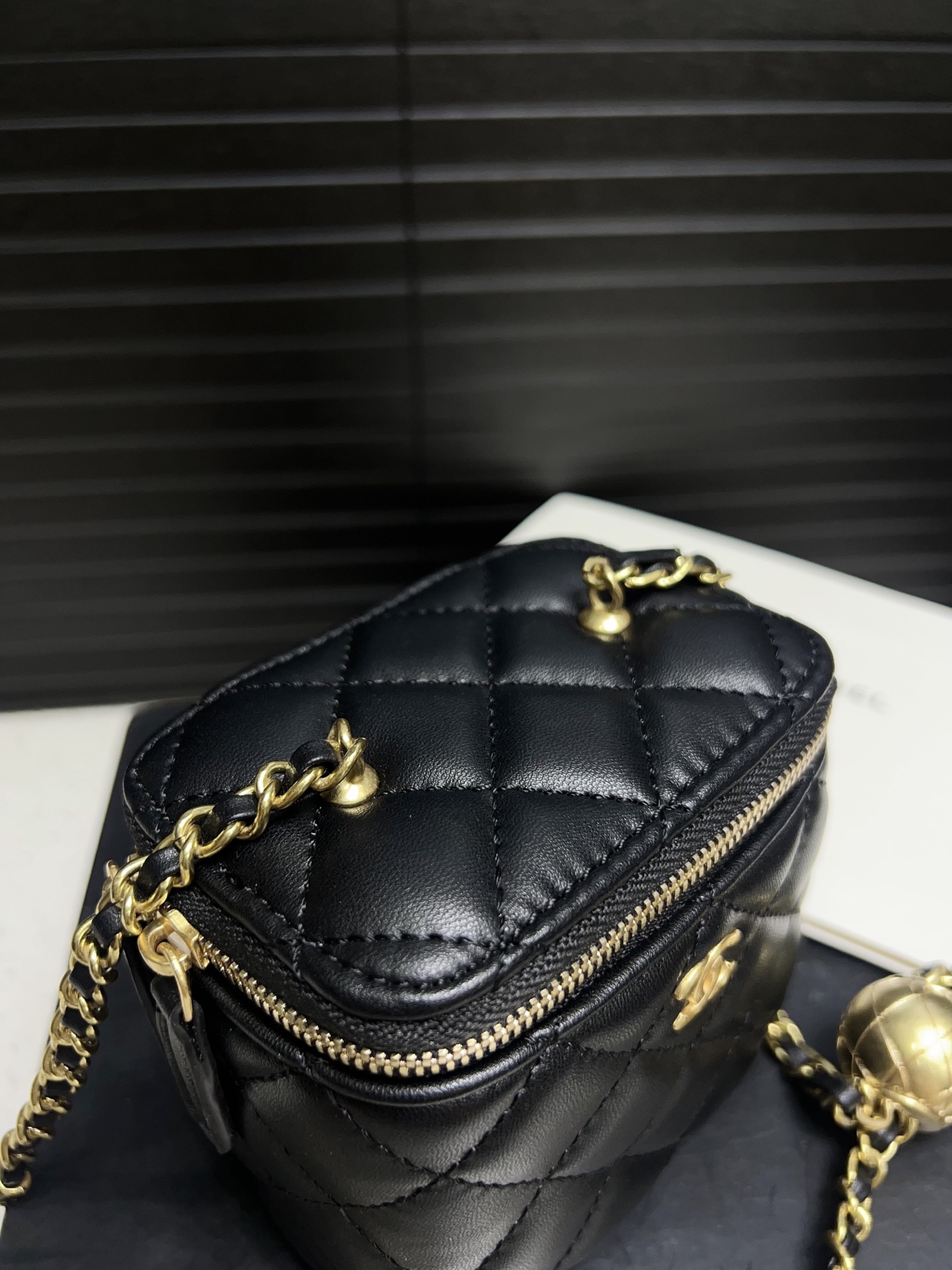 Chanel Quilted Lambskin Round Vanity Case with Gold Chain & Ball Charm (11.8cm) - Lipstick Bag