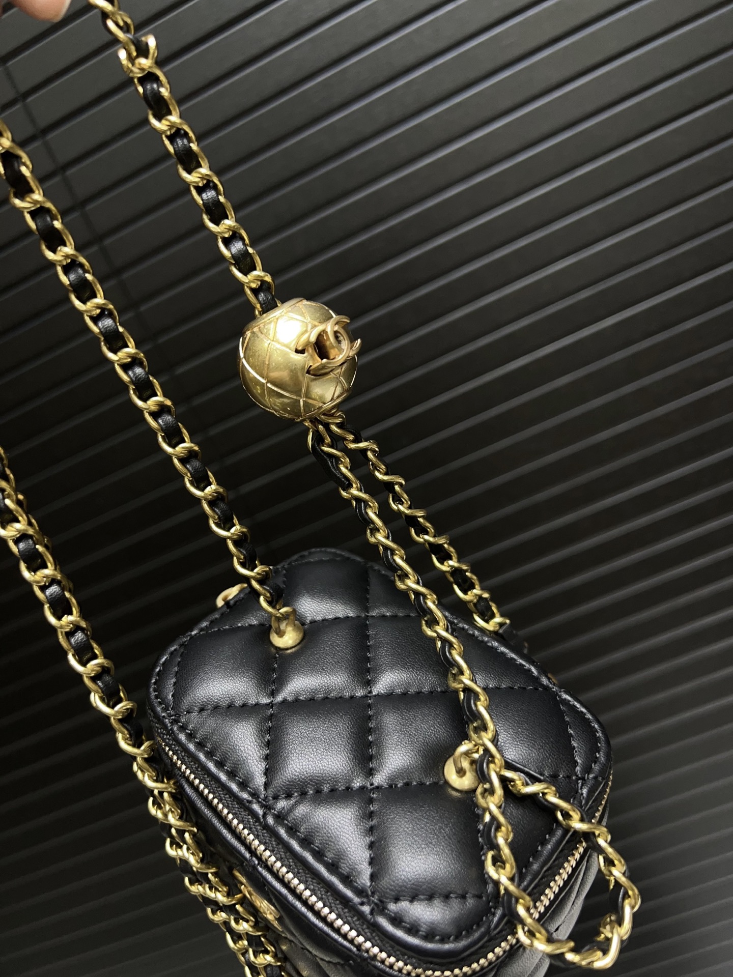 Chanel Quilted Lambskin Round Vanity Case with Gold Chain & Ball Charm (11.8cm) - Lipstick Bag
