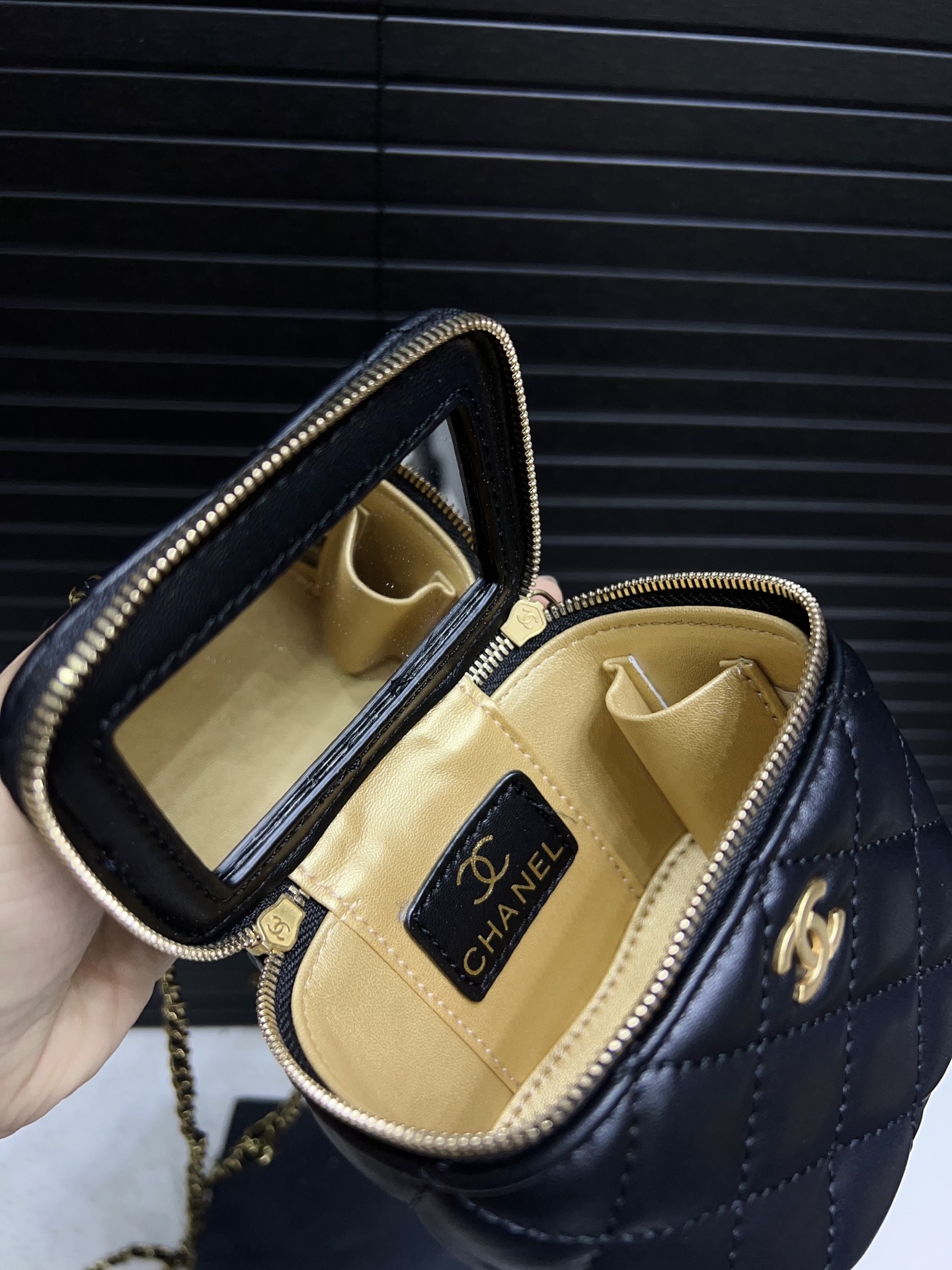 Chanel Quilted Lambskin Round Vanity Case with Gold Chain & Ball Charm (11.8cm) - Lipstick Bag