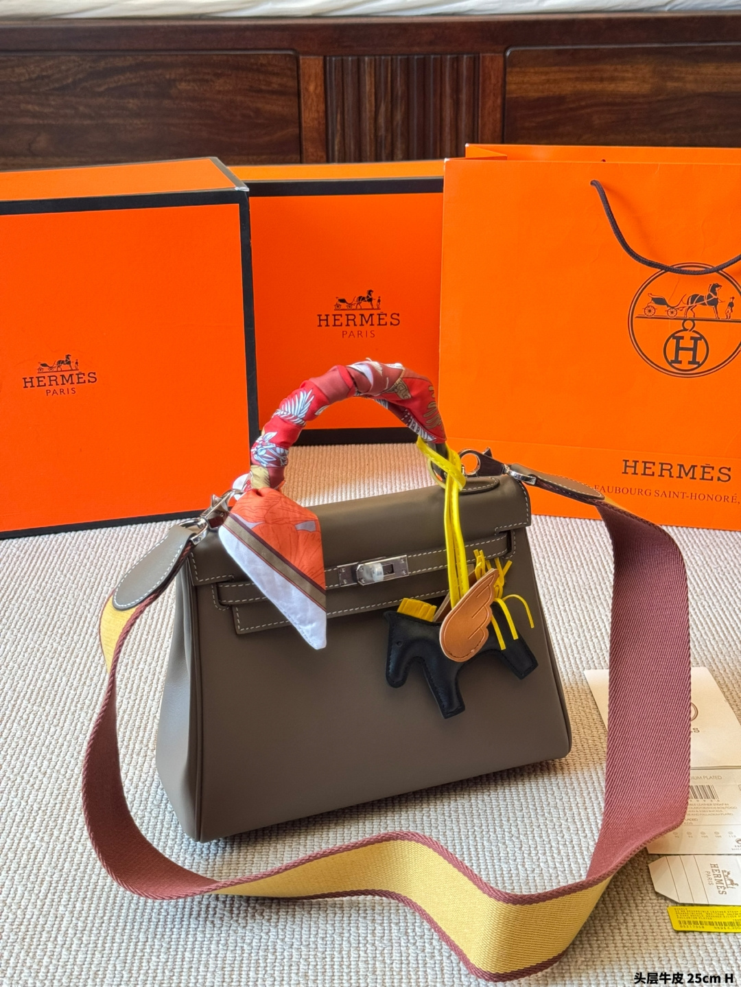 Hermès Kelly 25cm Bi-Color Swift Calfskin Bag with Silk Scarf & Rodeo Charm