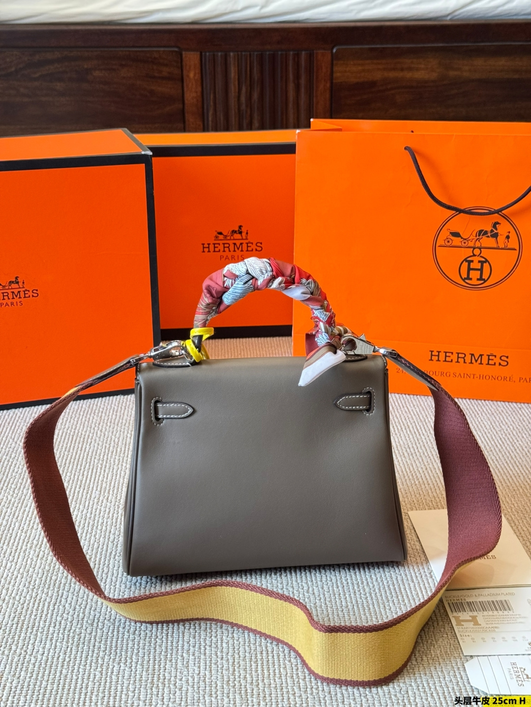 Hermès Kelly 25cm Bi-Color Swift Calfskin Bag with Silk Scarf & Rodeo Charm