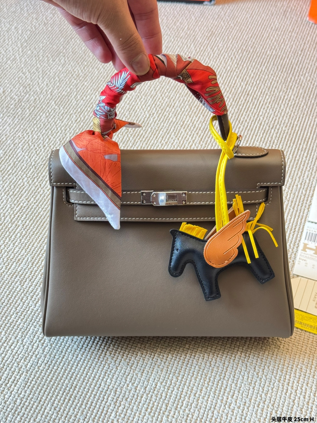Hermès Kelly 25cm Bi-Color Swift Calfskin Bag with Silk Scarf & Rodeo Charm