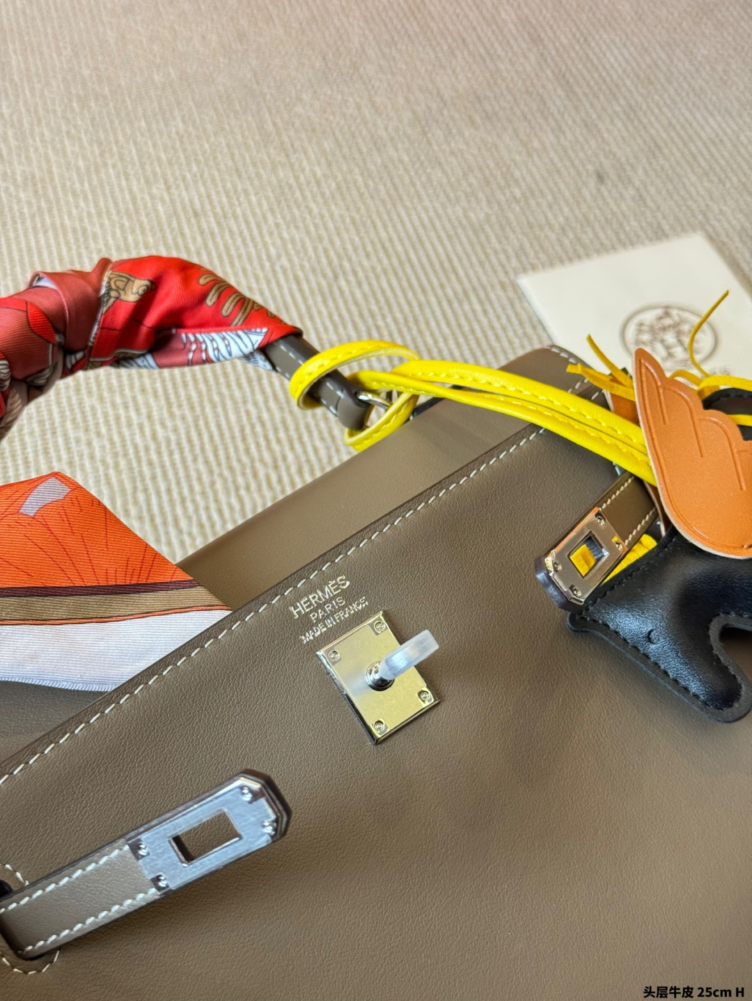 Hermès Kelly 25cm Bi-Color Swift Calfskin Bag with Silk Scarf & Rodeo Charm