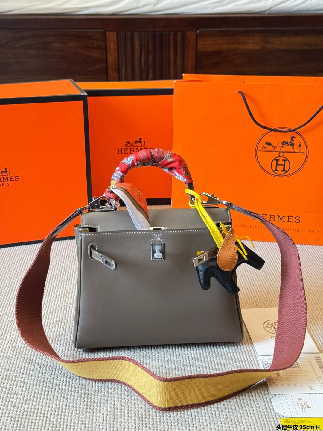 Hermès Kelly 25cm Bi-Color Swift Calfskin Bag with Silk Scarf & Rodeo Charm