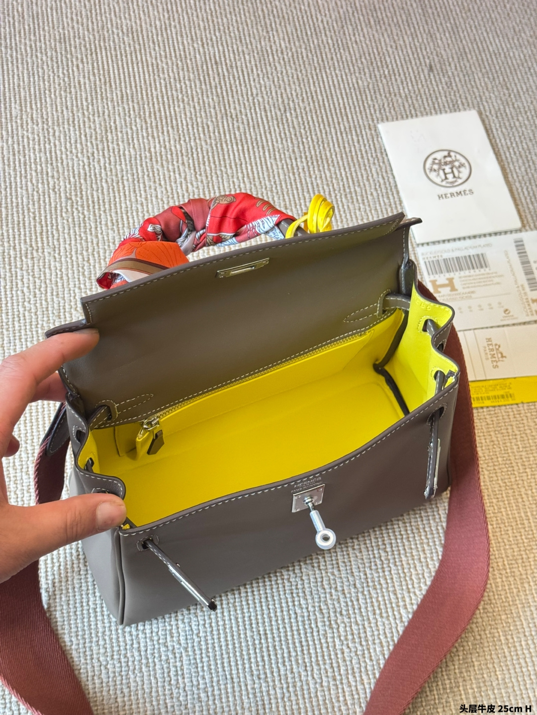 Hermès Kelly 25cm Bi-Color Swift Calfskin Bag with Silk Scarf & Rodeo Charm