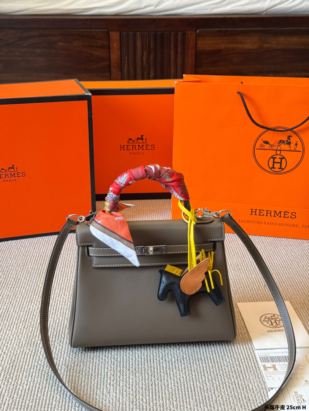 Hermès Kelly 25cm Bi-Color Swift Calfskin Bag with Silk Scarf & Rodeo Charm