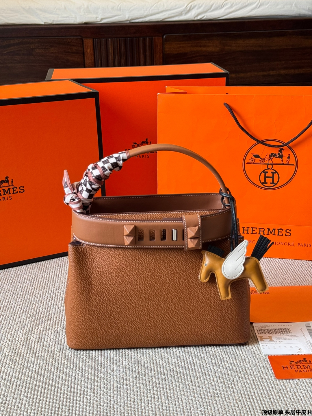 Luxury Medor-Style 27cm Gold Brown Top-Grain Leather Bucket Bag with Silk Scarf & Charm