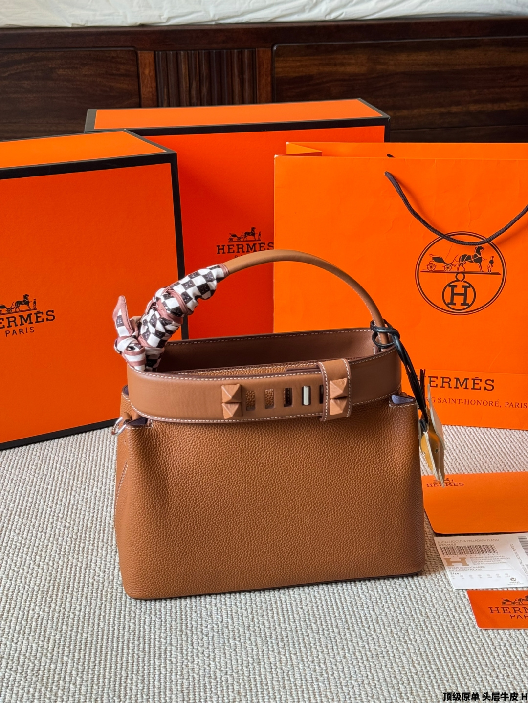 Luxury Medor-Style 27cm Gold Brown Top-Grain Leather Bucket Bag with Silk Scarf & Charm