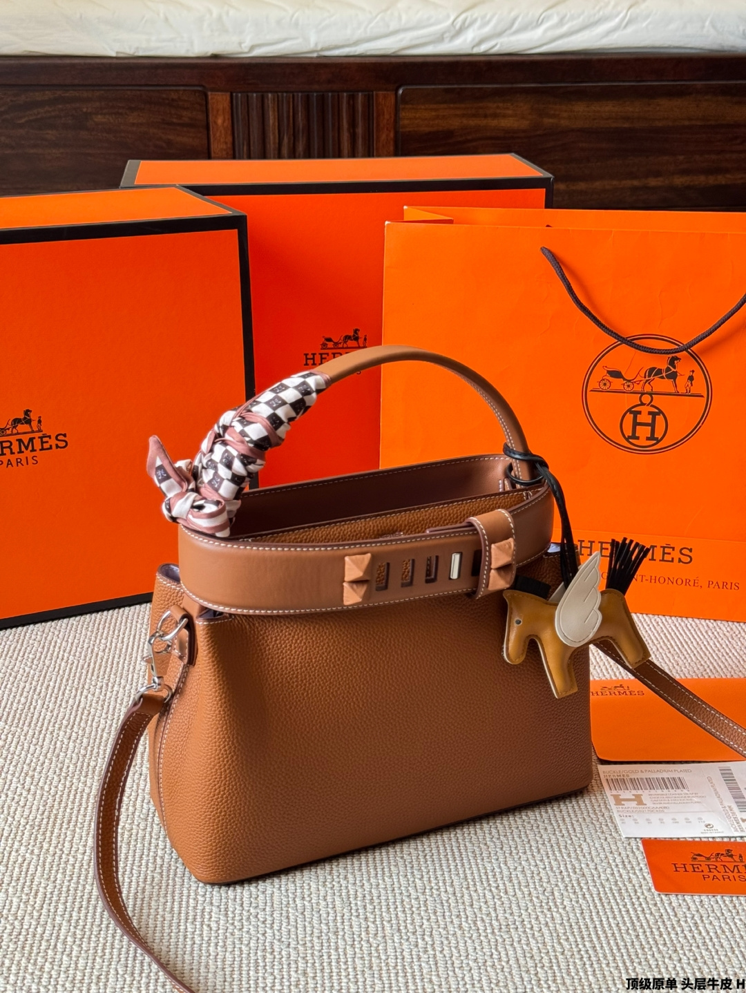 Luxury Medor-Style 27cm Gold Brown Top-Grain Leather Bucket Bag with Silk Scarf & Charm