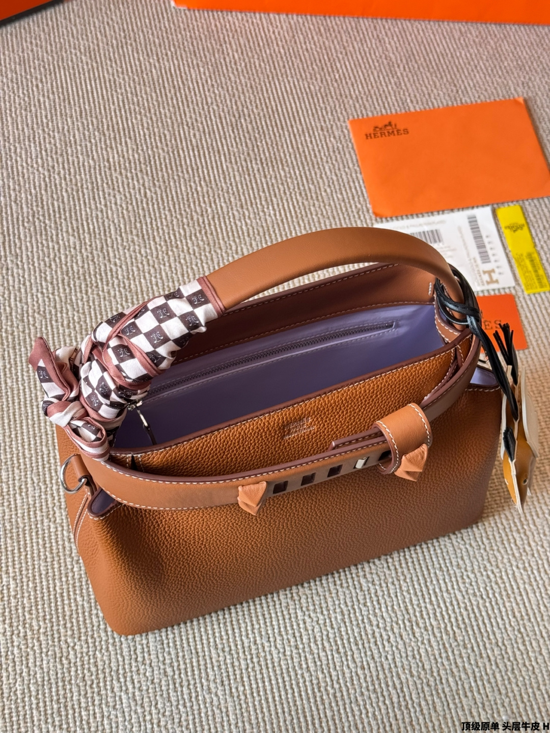 Luxury Medor-Style 27cm Gold Brown Top-Grain Leather Bucket Bag with Silk Scarf & Charm