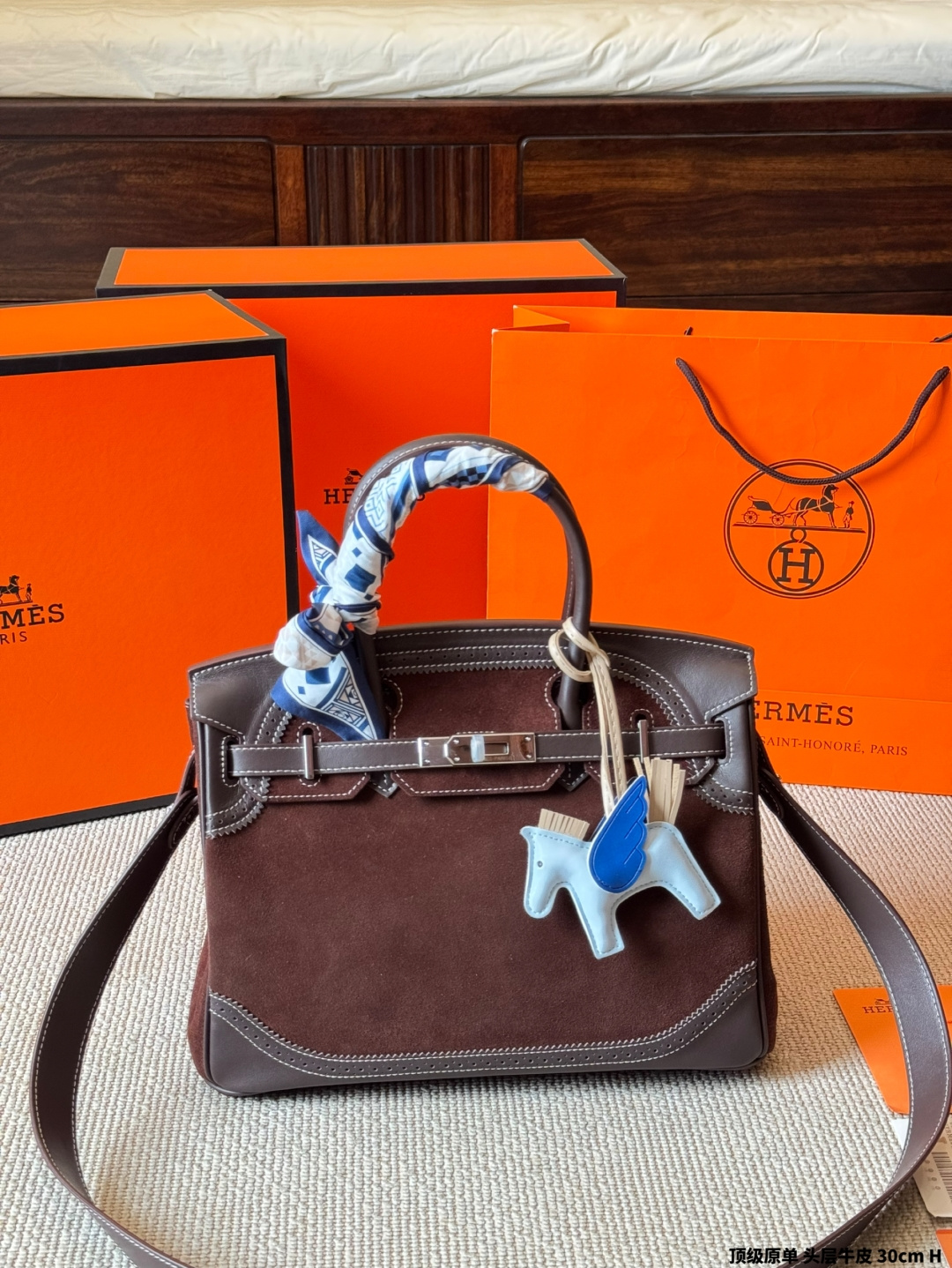 Luxury Birkin-Style 25cm Top-Grain Calfskin & Suede Handbag with Silk Scarf & Charm