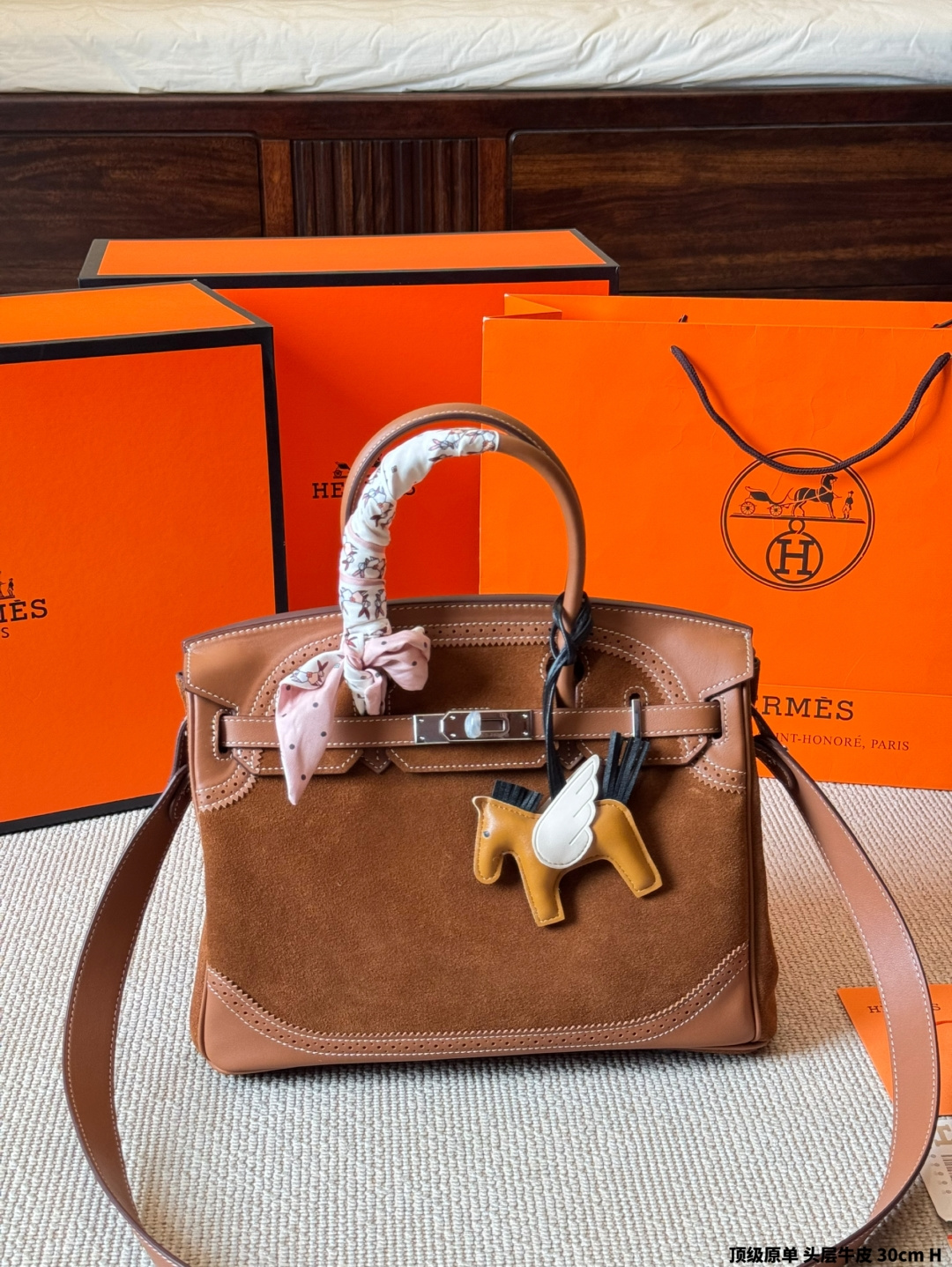Luxury Birkin-Style 25cm Top-Grain Calfskin & Suede Handbag with Silk Scarf & Charm