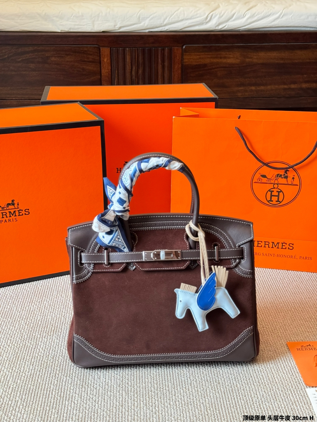 Luxury Birkin-Style 25cm Top-Grain Calfskin & Suede Handbag with Silk Scarf & Charm