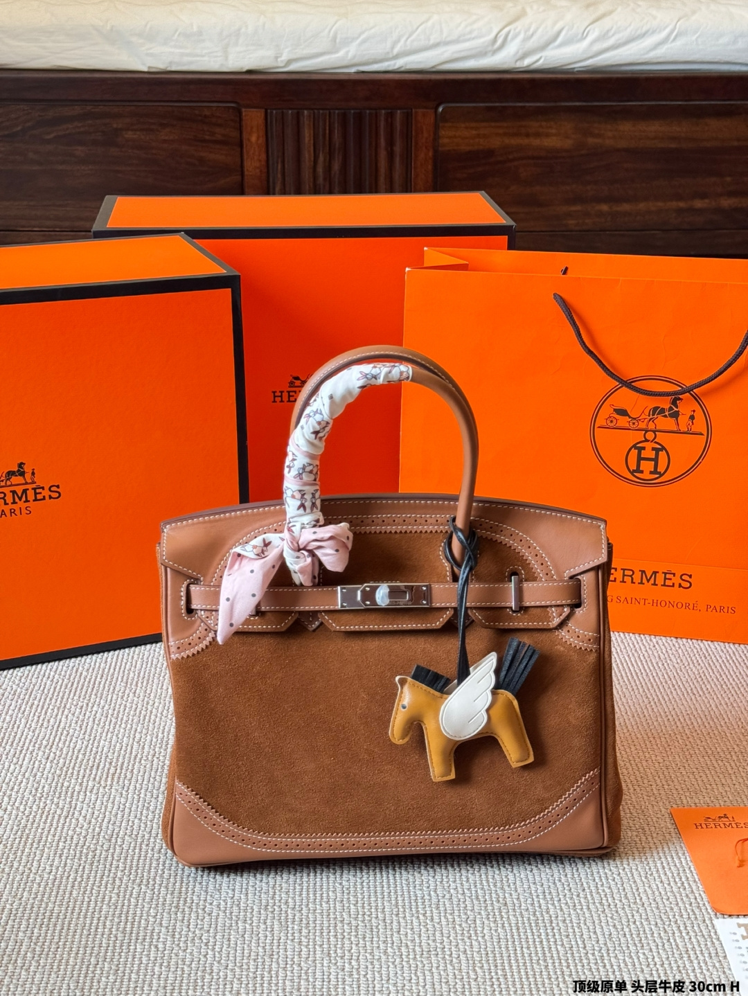 Luxury Birkin-Style 25cm Top-Grain Calfskin & Suede Handbag with Silk Scarf & Charm