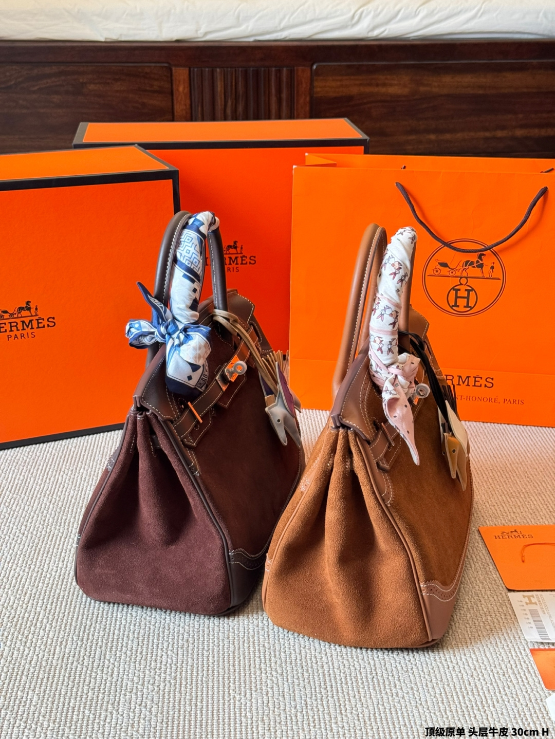 Luxury Birkin-Style 25cm Top-Grain Calfskin & Suede Handbag with Silk Scarf & Charm