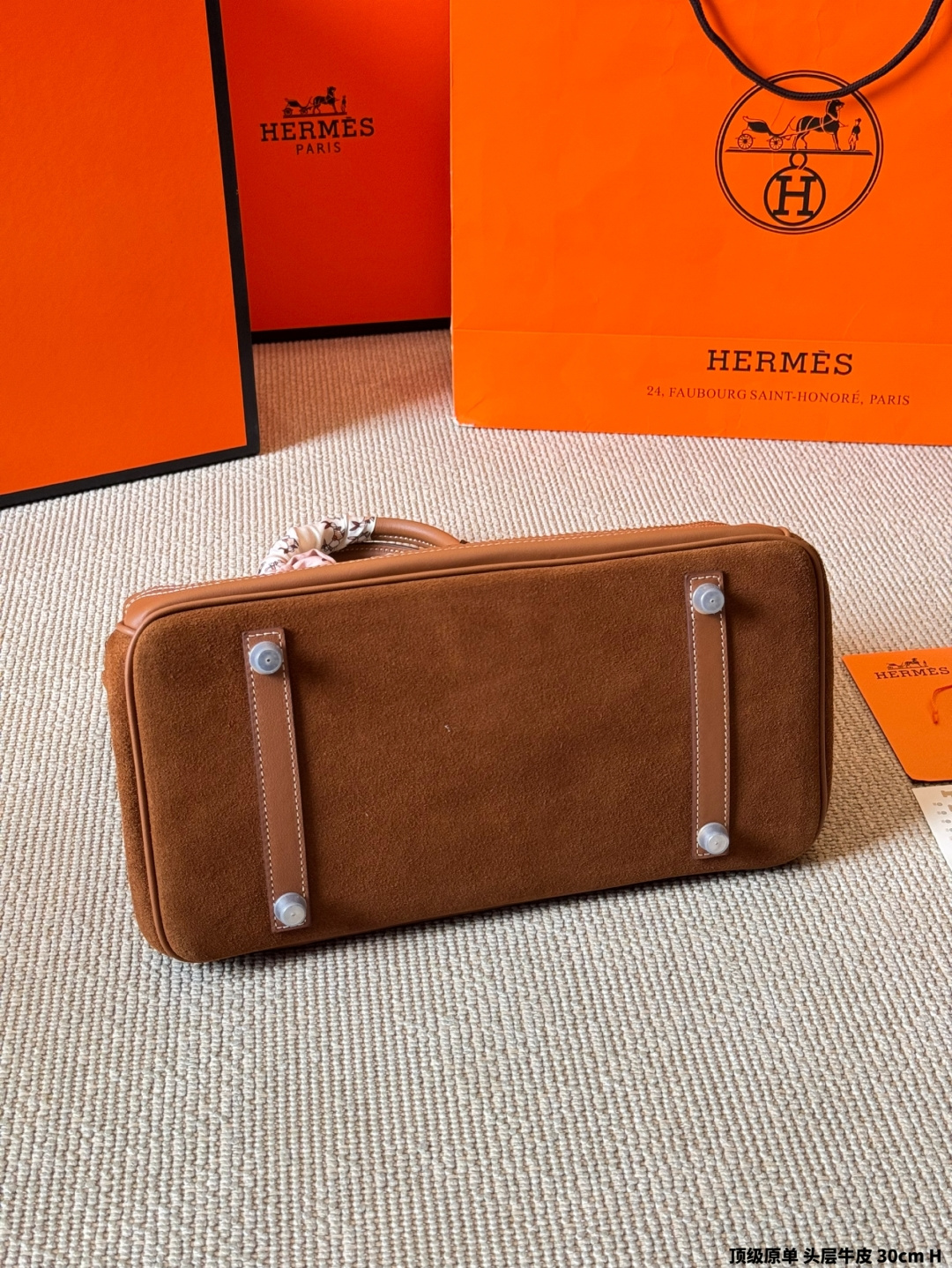Luxury Birkin-Style 25cm Top-Grain Calfskin & Suede Handbag with Silk Scarf & Charm