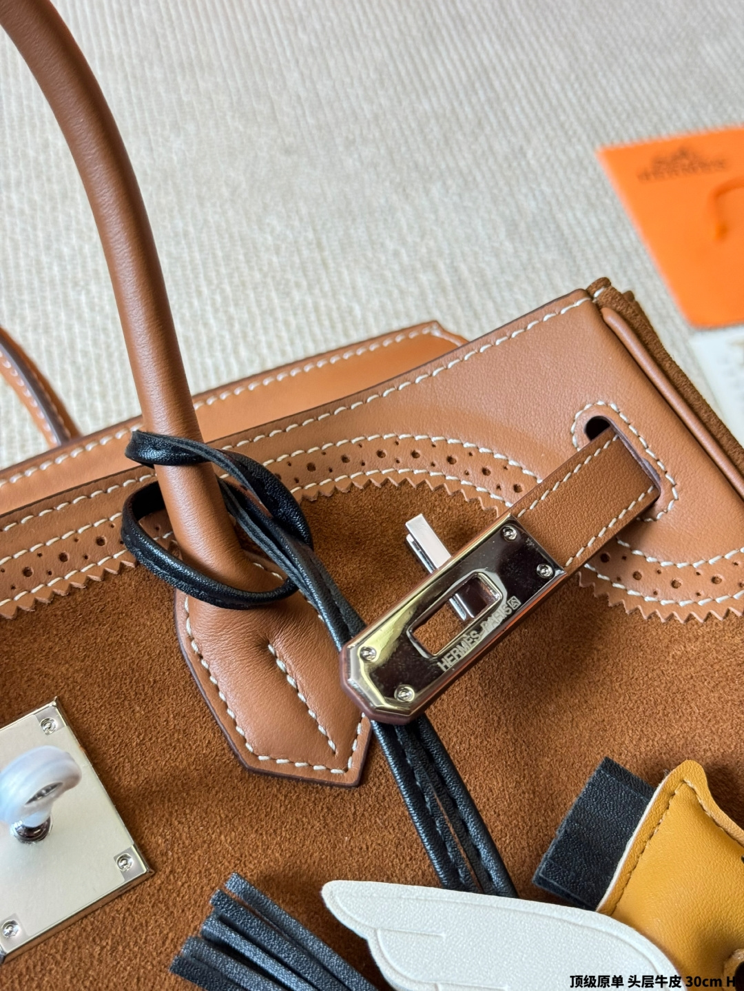 Luxury Birkin-Style 25cm Top-Grain Calfskin & Suede Handbag with Silk Scarf & Charm