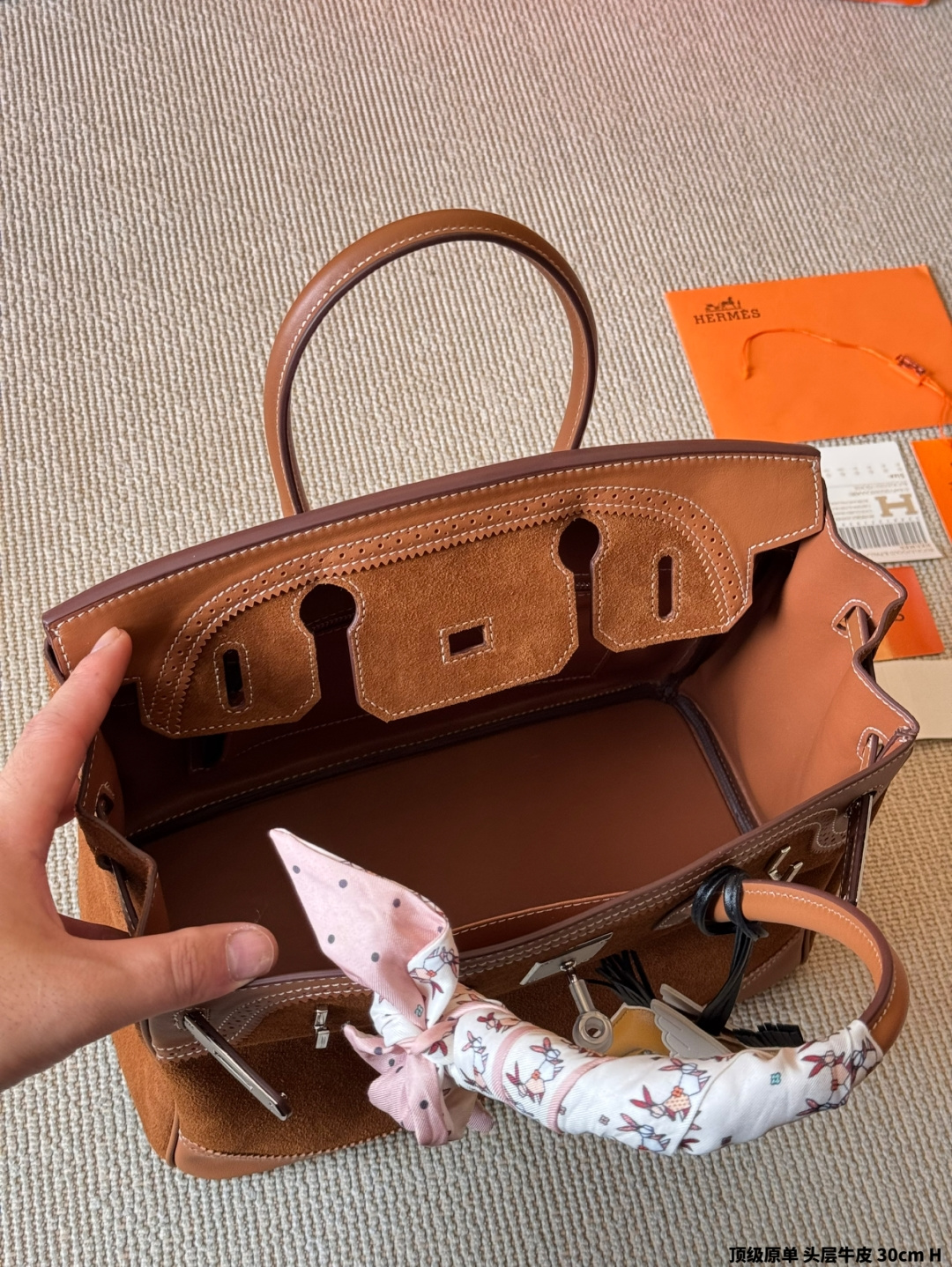 Luxury Birkin-Style 25cm Top-Grain Calfskin & Suede Handbag with Silk Scarf & Charm