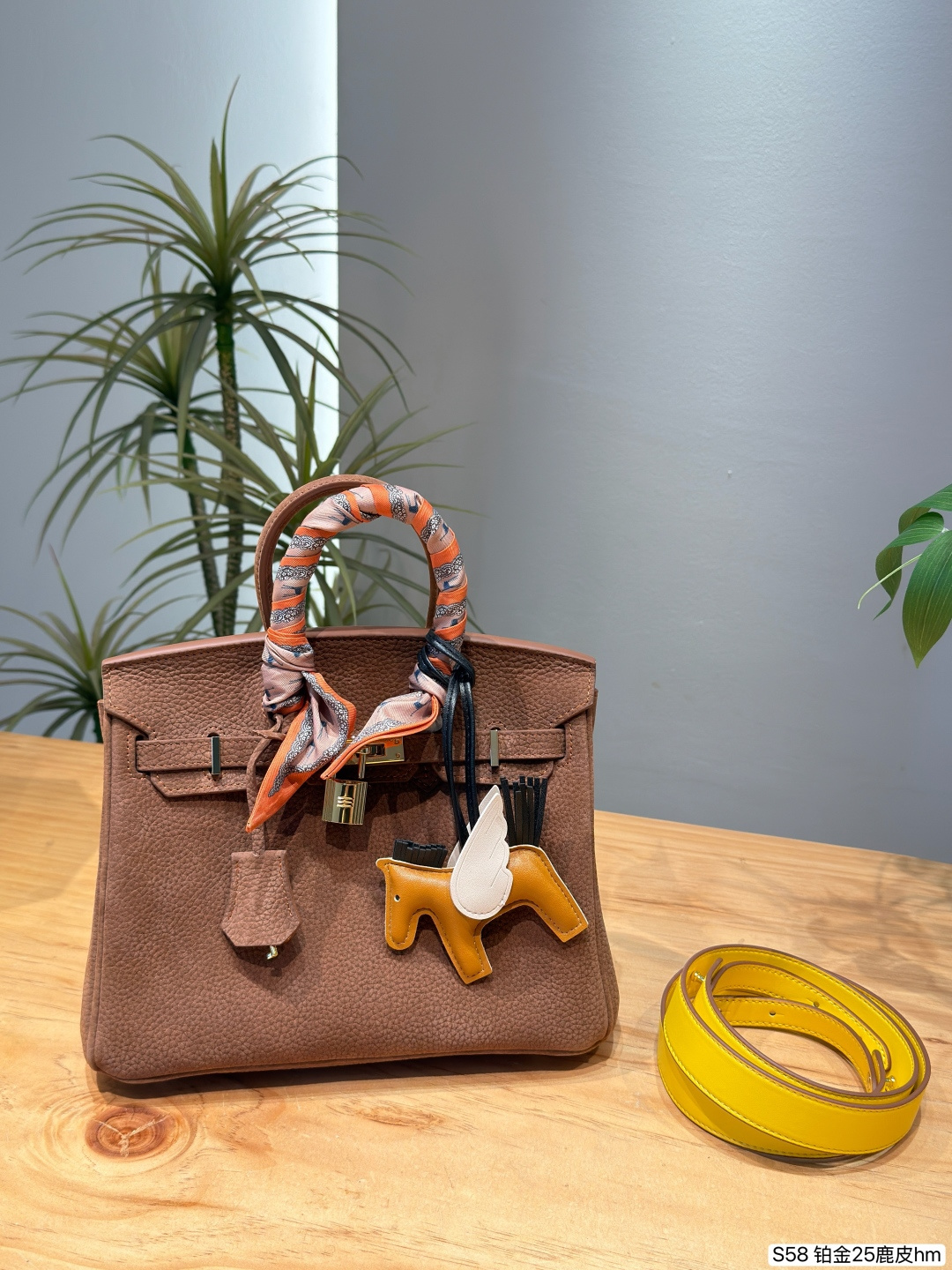 Elegant Birkin-Style 25cm Grained Calfskin Handbag with Silk Scarf, Horse Charm & Yellow Strap