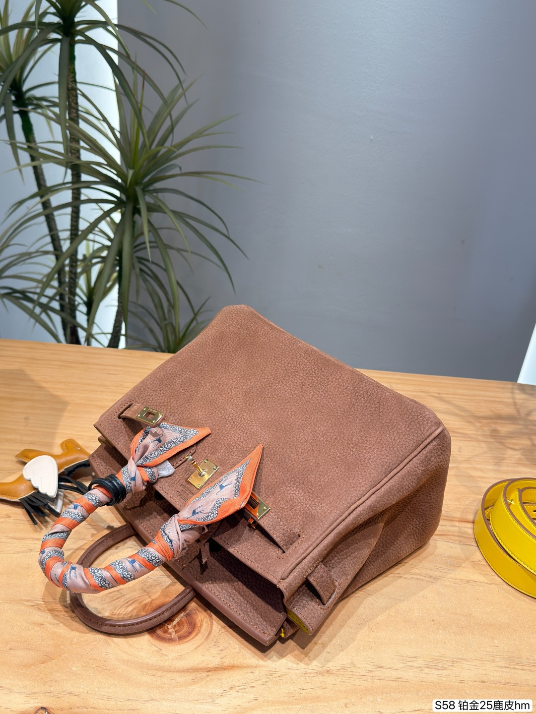Elegant Birkin-Style 25cm Grained Calfskin Handbag with Silk Scarf, Horse Charm & Yellow Strap