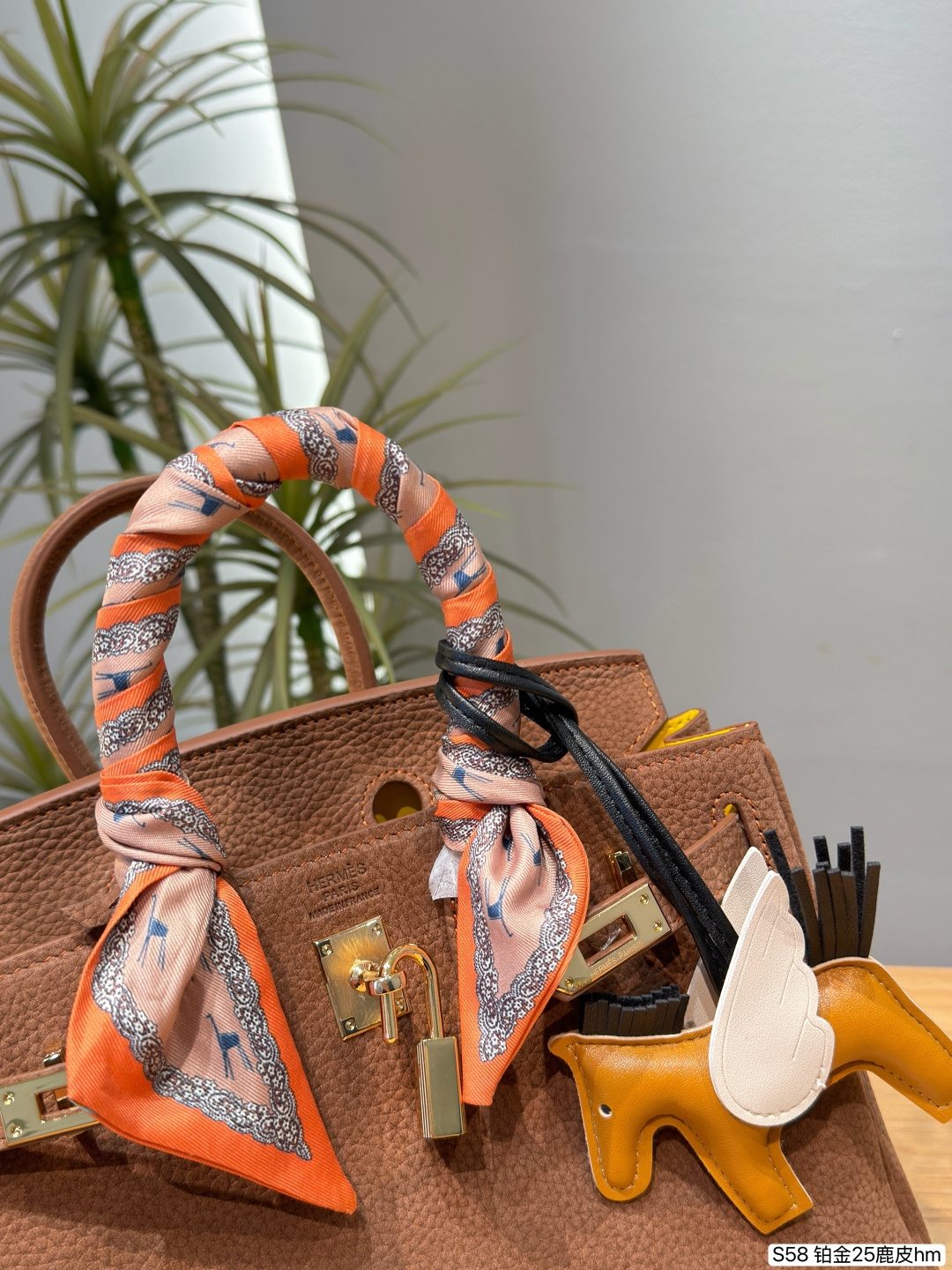 Elegant Birkin-Style 25cm Grained Calfskin Handbag with Silk Scarf, Horse Charm & Yellow Strap