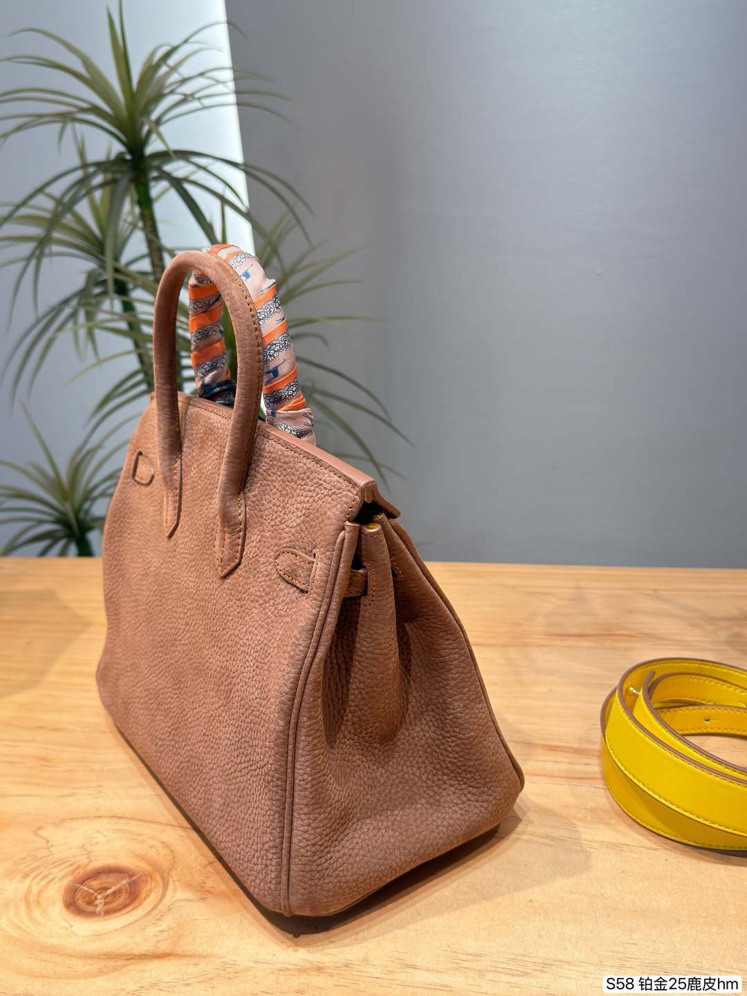 Elegant Birkin-Style 25cm Grained Calfskin Handbag with Silk Scarf, Horse Charm & Yellow Strap