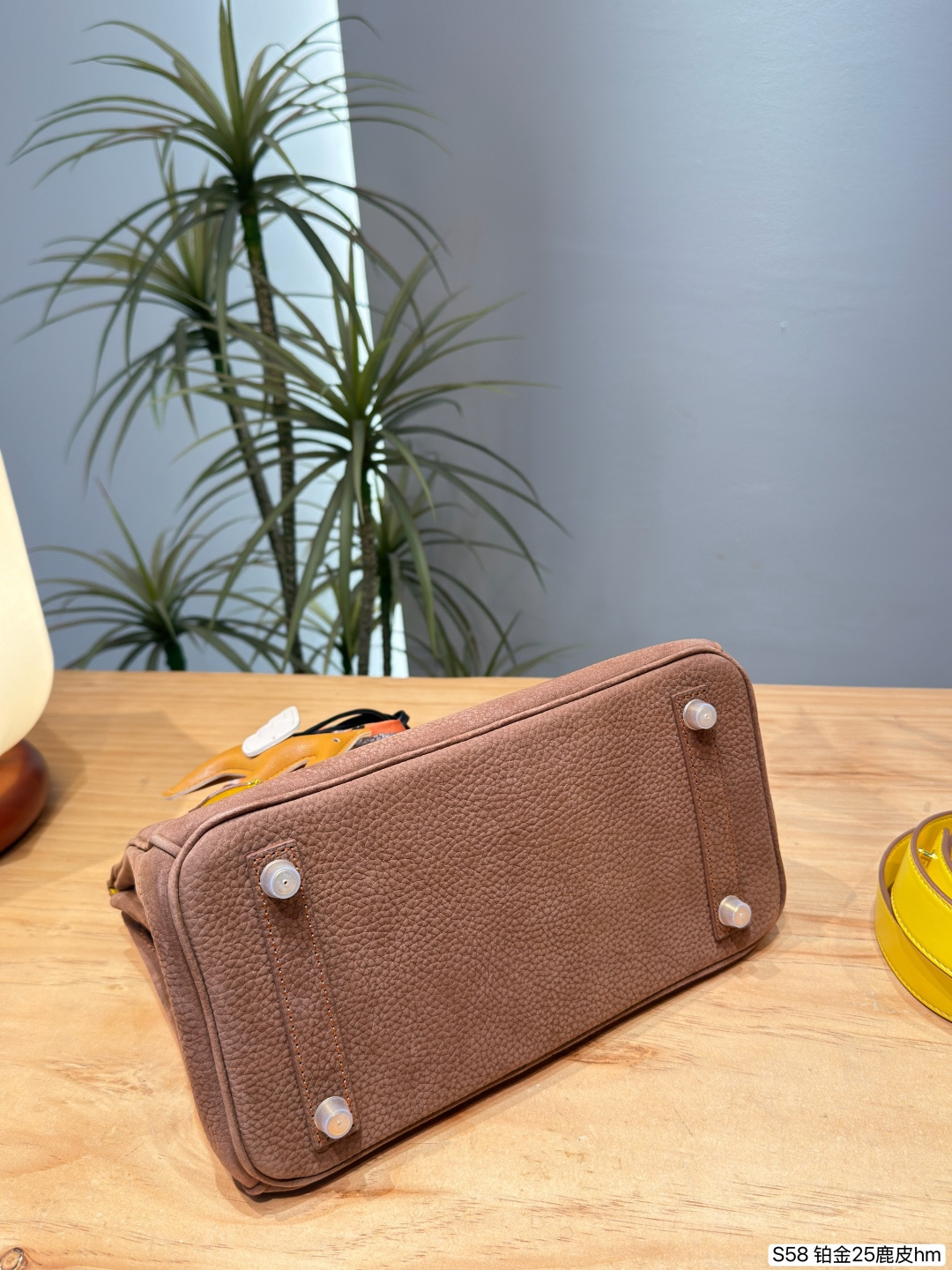Elegant Birkin-Style 25cm Grained Calfskin Handbag with Silk Scarf, Horse Charm & Yellow Strap