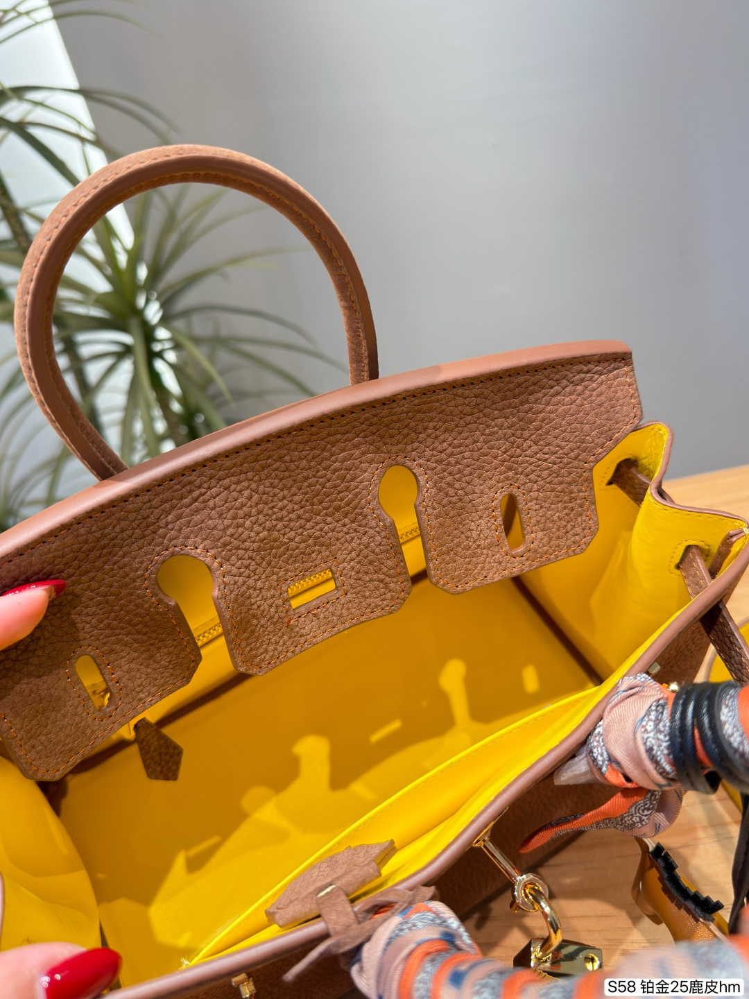 Elegant Birkin-Style 25cm Grained Calfskin Handbag with Silk Scarf, Horse Charm & Yellow Strap