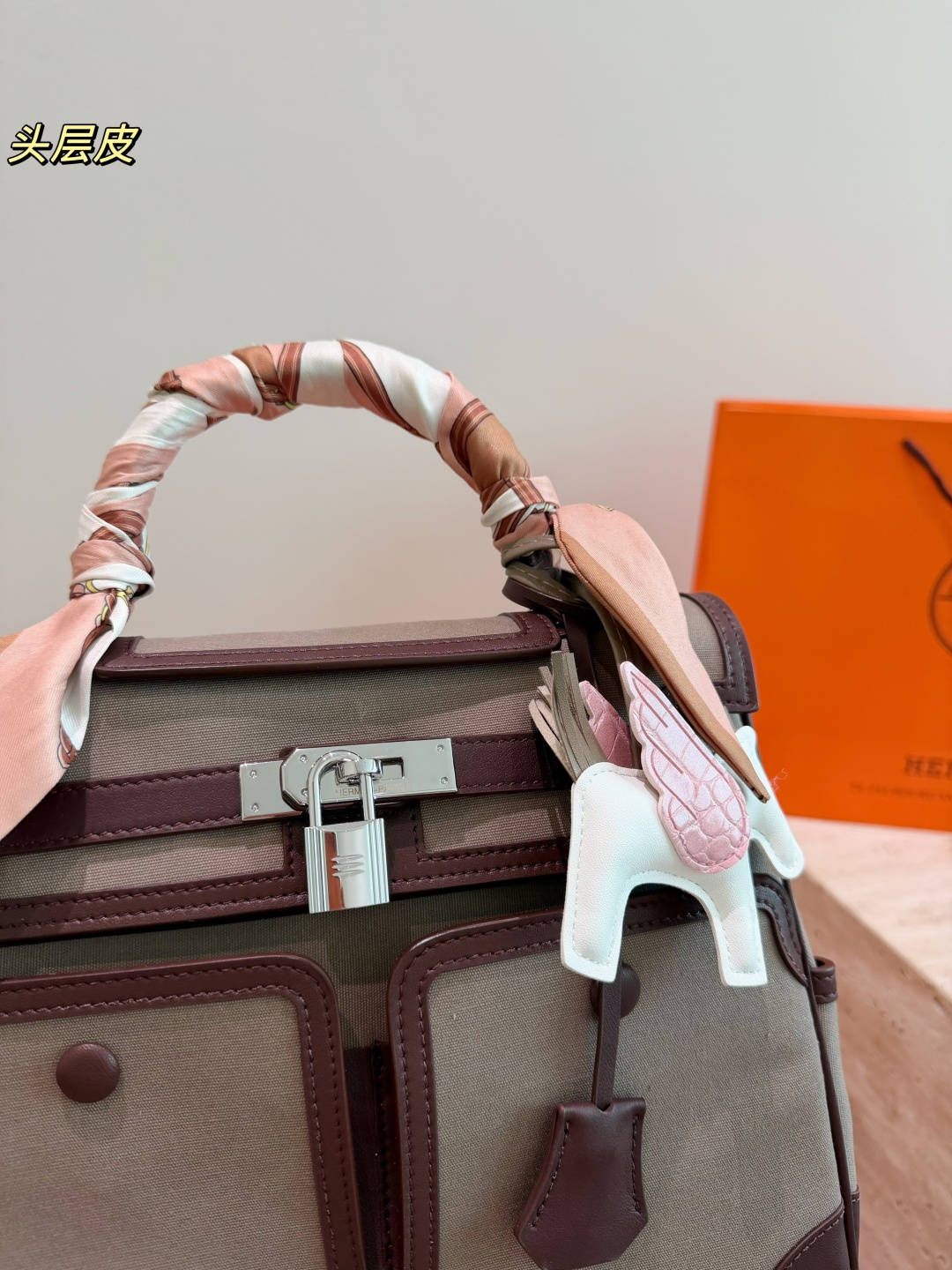 Trendy Kelly-Style Cargo 28cm Canvas & Leather Handbag with Silk Scarf & Horse Charm
