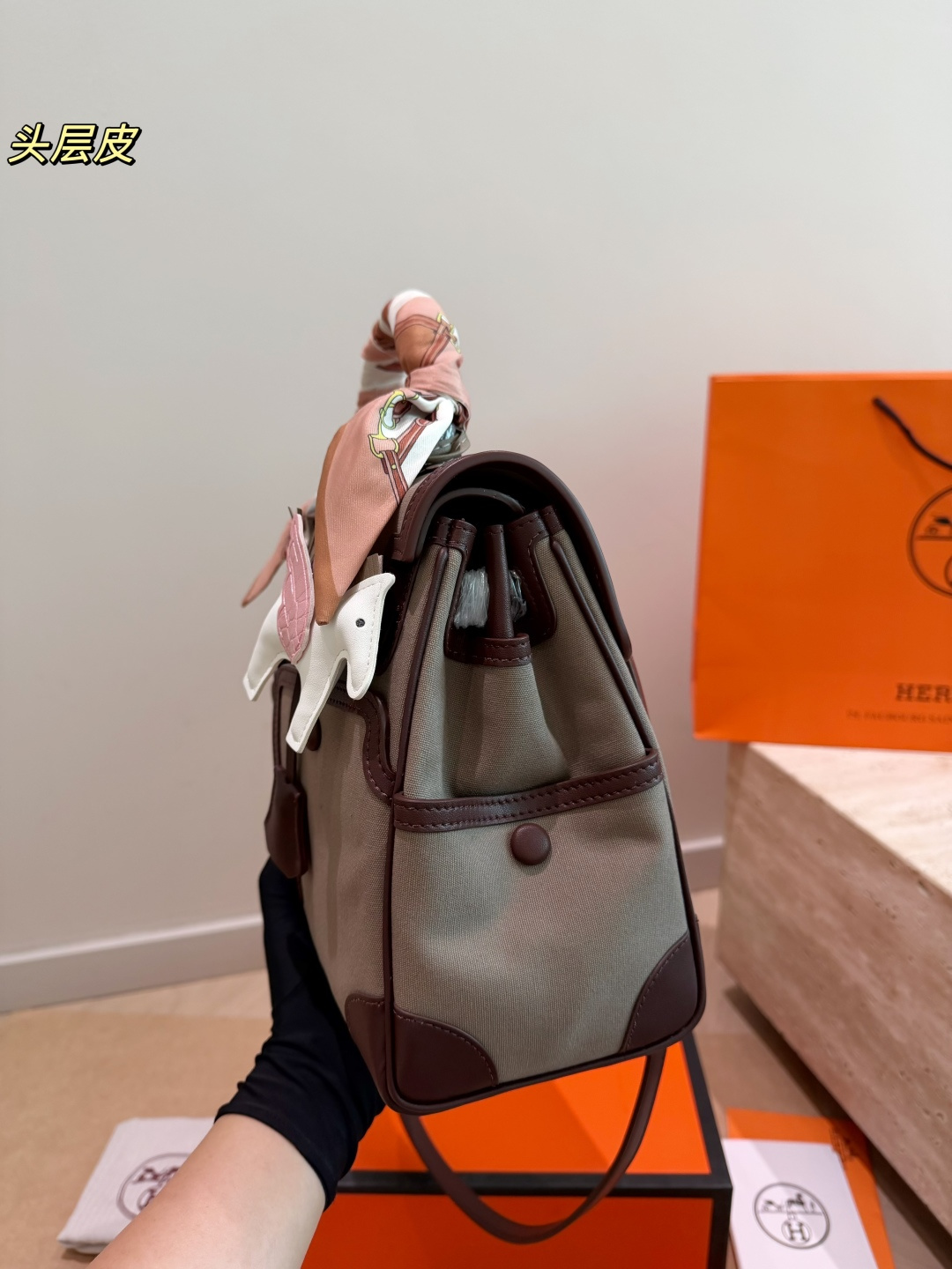 Trendy Kelly-Style Cargo 28cm Canvas & Leather Handbag with Silk Scarf & Horse Charm
