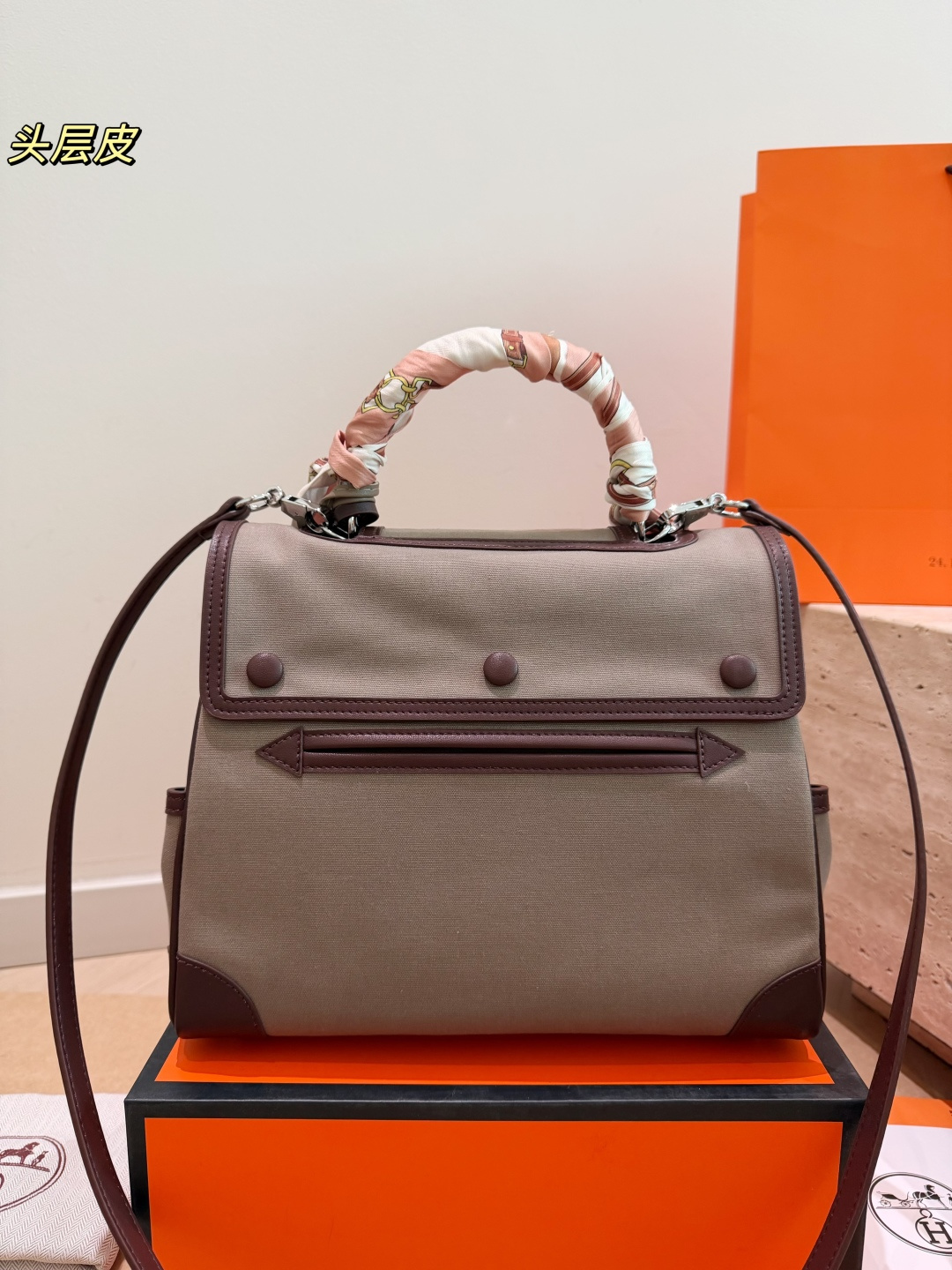 Trendy Kelly-Style Cargo 28cm Canvas & Leather Handbag with Silk Scarf & Horse Charm