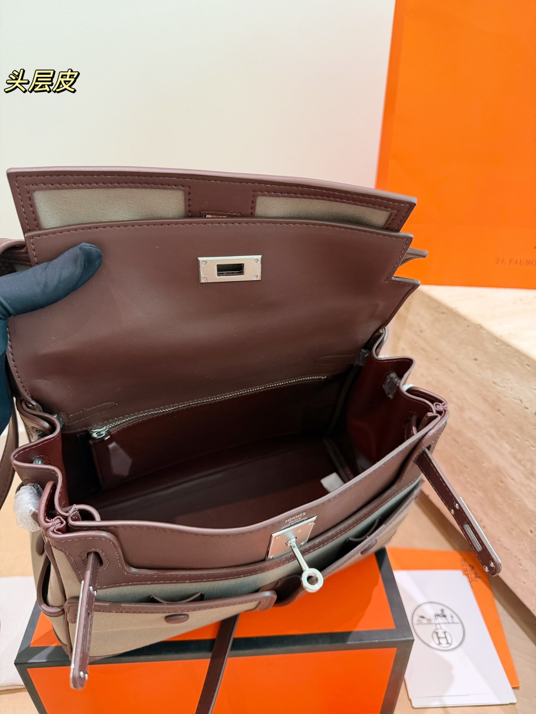 Trendy Kelly-Style Cargo 28cm Canvas & Leather Handbag with Silk Scarf & Horse Charm