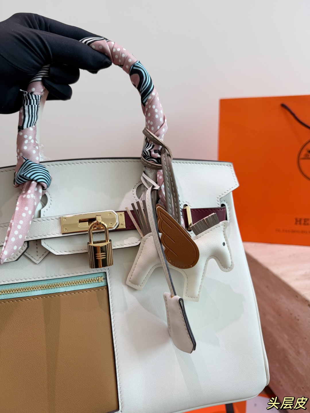 Luxury Birkin-Style Colormatic 30cm Color-Block Handbag with Silk Scarf & Horse Charm