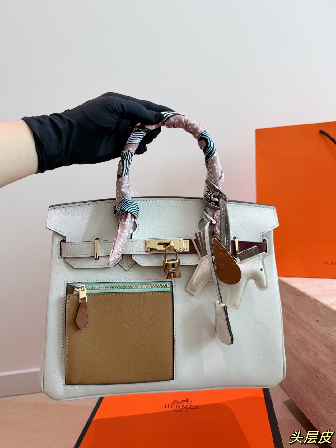 Luxury Birkin-Style Colormatic 30cm Color-Block Handbag with Silk Scarf & Horse Charm