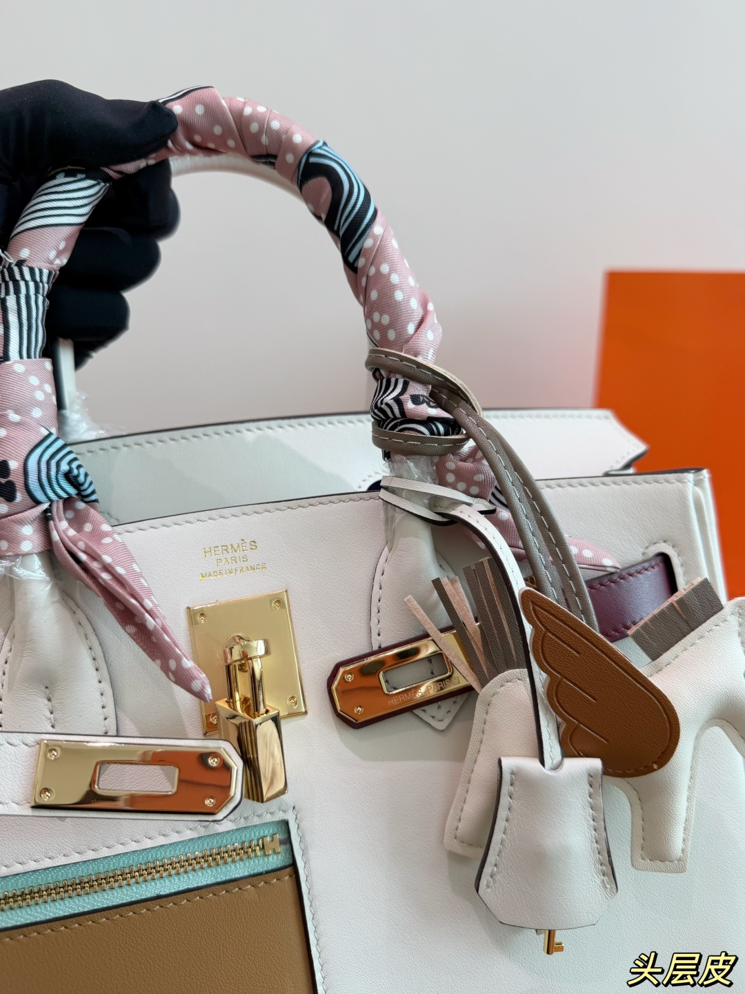 Luxury Birkin-Style Colormatic 30cm Color-Block Handbag with Silk Scarf & Horse Charm