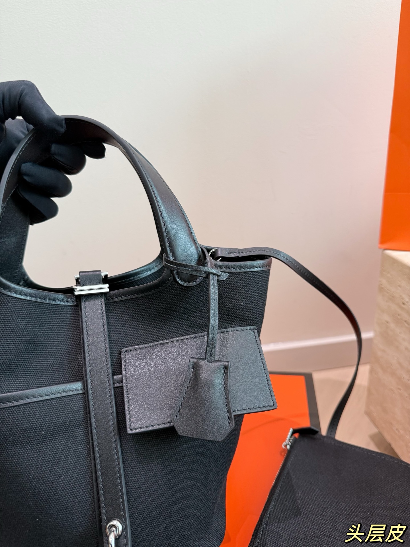 Trendy Picotin-Style Cargo 18cm Canvas & Leather Bucket Bag with Silver Lock & Gift Box