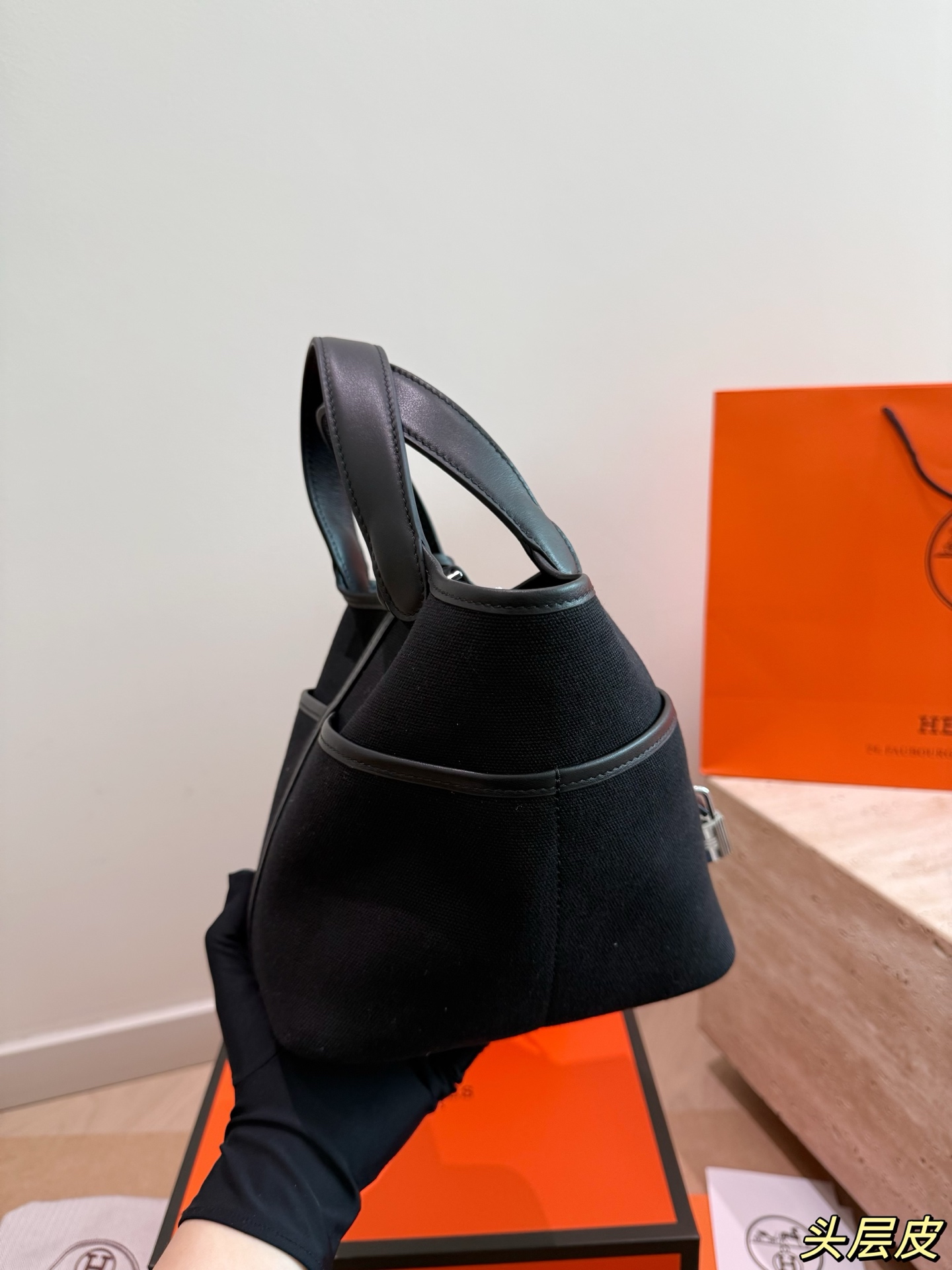 Trendy Picotin-Style Cargo 18cm Canvas & Leather Bucket Bag with Silver Lock & Gift Box