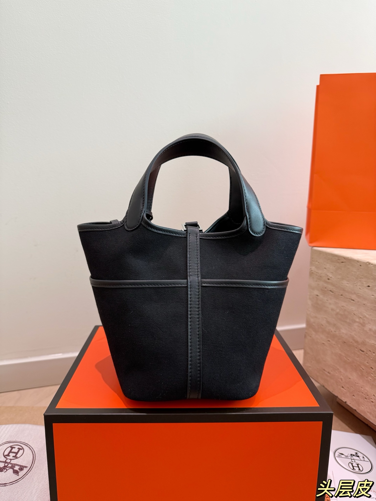 Trendy Picotin-Style Cargo 18cm Canvas & Leather Bucket Bag with Silver Lock & Gift Box