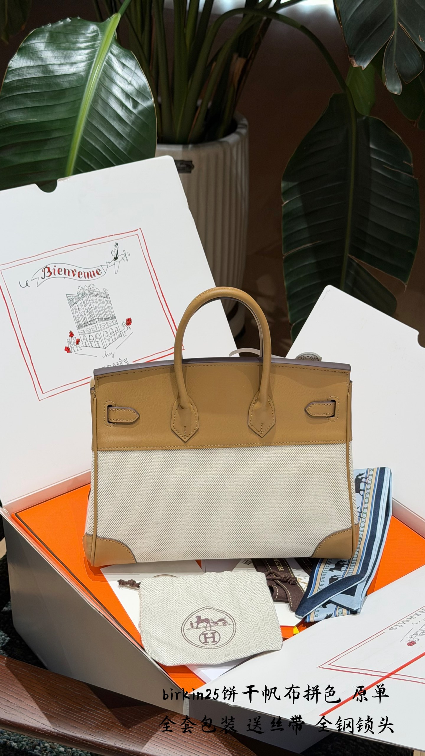 Luxury Birkin-Style 25cm Cookie Canvas & Leather Handbag with Silk Scarf & Full Packaging