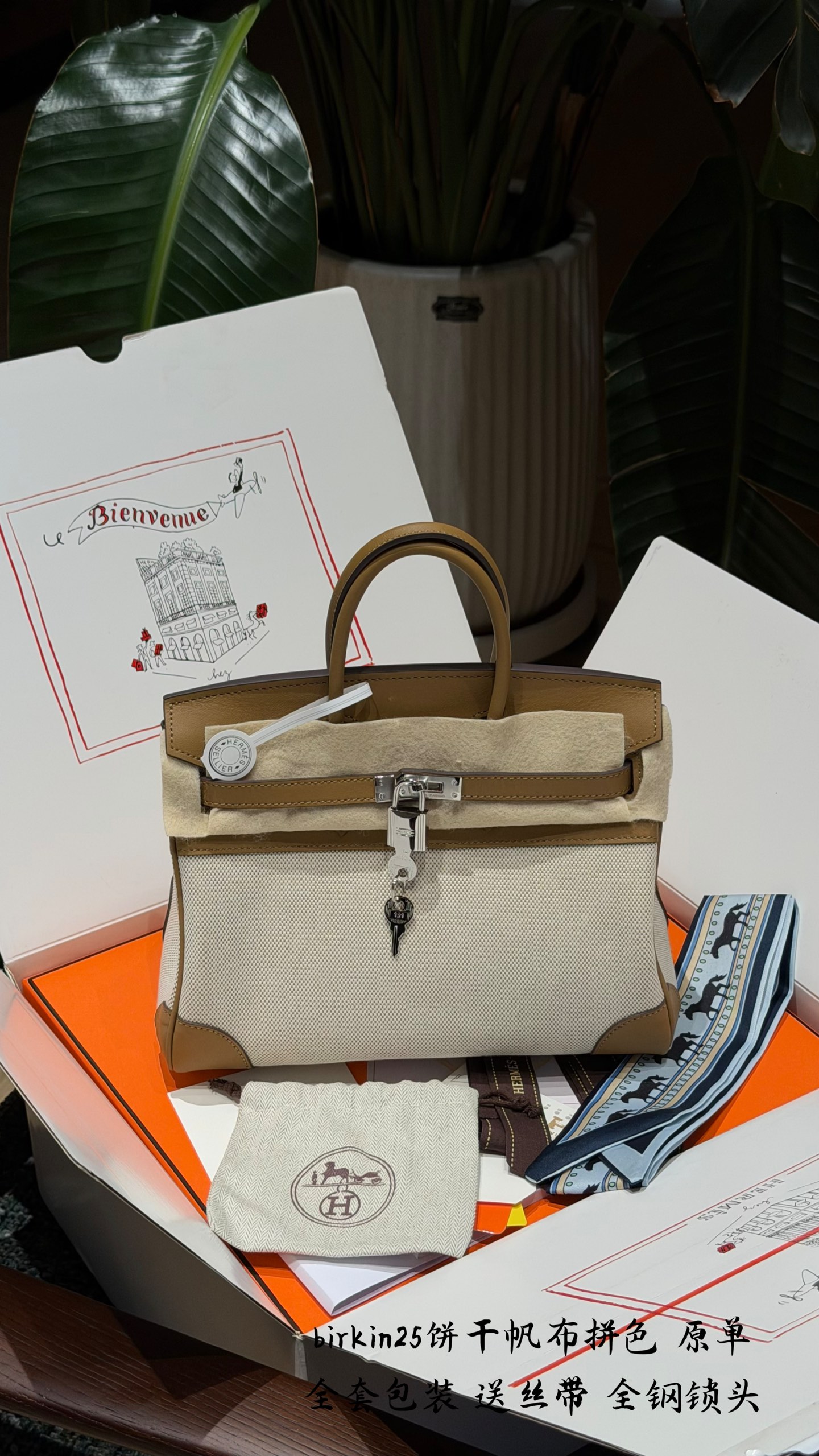 Luxury Birkin-Style 25cm Cookie Canvas & Leather Handbag with Silk Scarf & Full Packaging