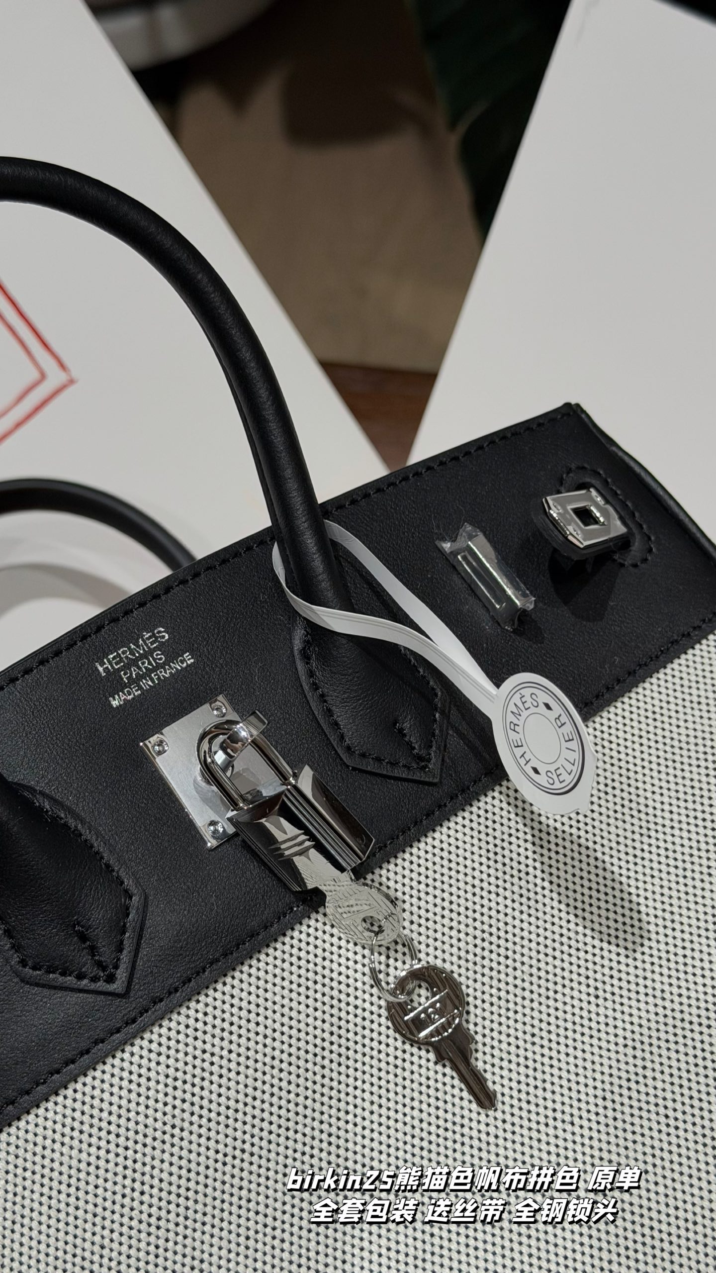 Luxury Birkin-Style 25cm "Panda" Toile Canvas & Swift Leather Handbag with Silk Ribbon & Full Packaging