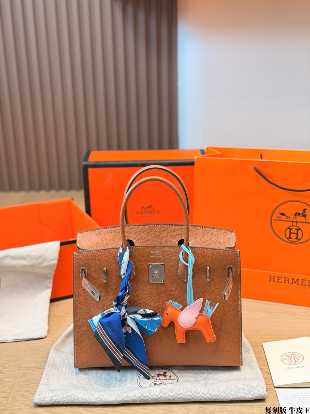 Luxury Birkin-Style 25cm/30cm Full Calfskin Leather Handbag with Silk Scarf & Pegasus Charm