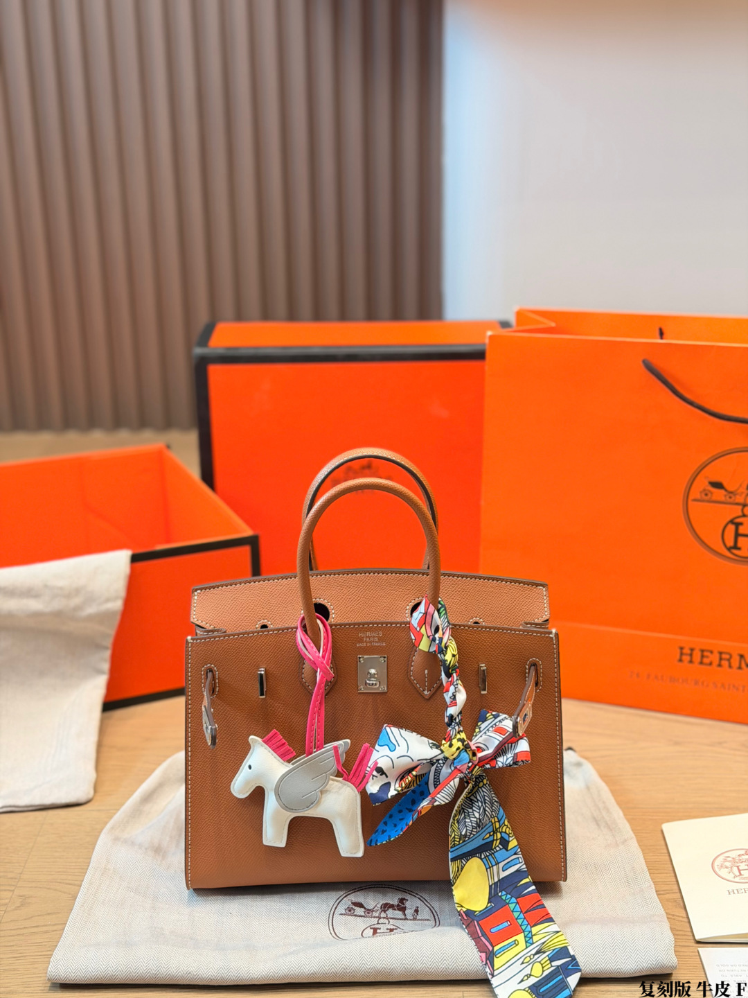 Luxury Birkin-Style 25cm/30cm Full Calfskin Leather Handbag with Silk Scarf & Pegasus Charm